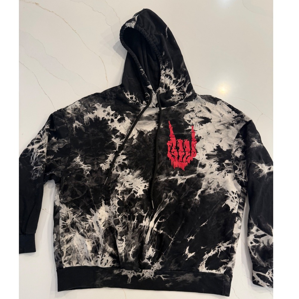 SHEIN Women Black White Tie Dye Skeleton Hand Rock On Graphic Hoodie XS 2